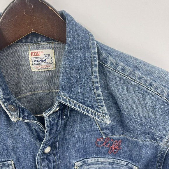 VTG Levi's Big E Sawtooth Short Horn Pearl Snap Button Denim Shirt Sanforized - Picture 13 of 16